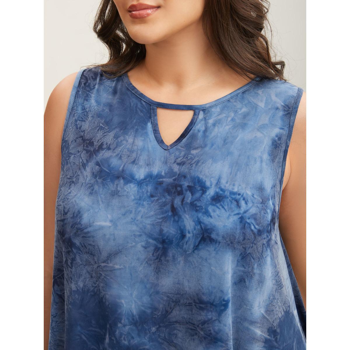 Plus Size Tie-Dye Keyhole Long Tank Top Women Mediumblue Casual Cut-Out Notched collar Casual Tank Tops Camis BloomChic 10/M Product Image