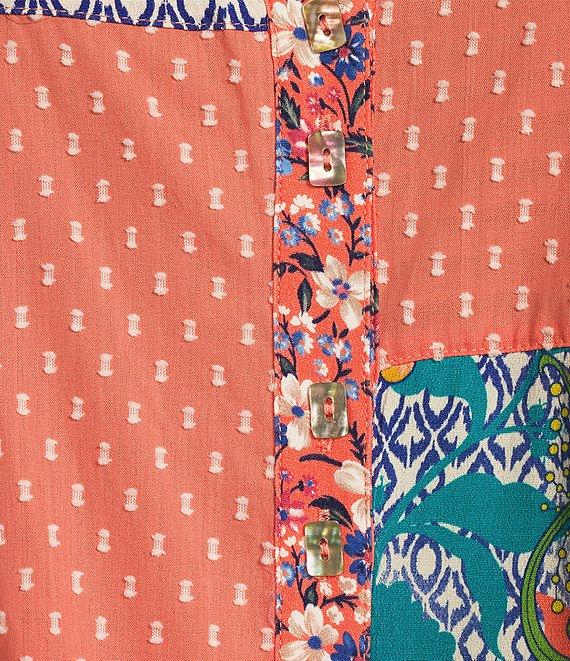 John Mark Clip Dot Embroidered Mix Print Dolman Sleeve Button Front Shirt Product Image