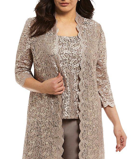 R & M Richards Plus Size Scoop Neck 3/4 Sleeve Scallop Glitter Lace Duster 3-Piece Pant Set Product Image