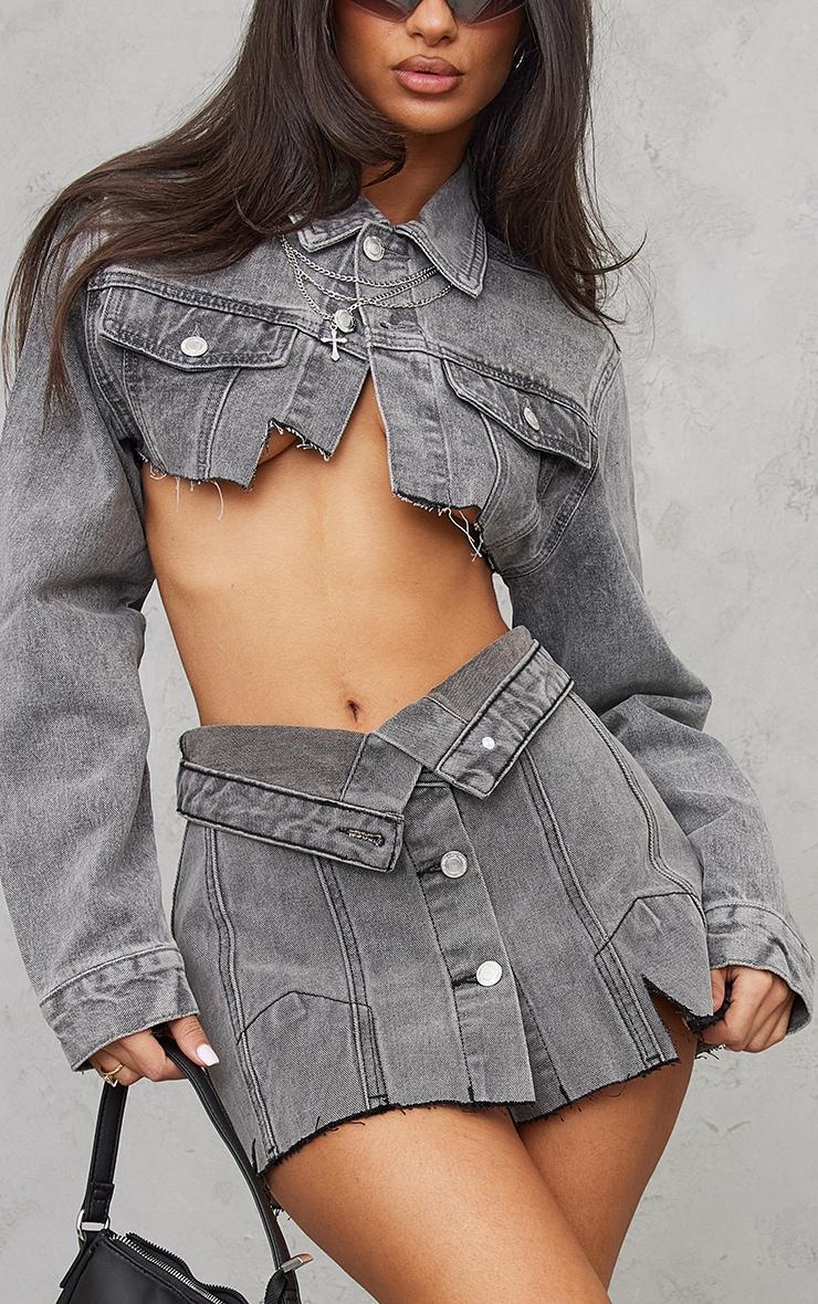 Petite Grey Distressed Denim Foldover Micro Mini Skirt Product Image
