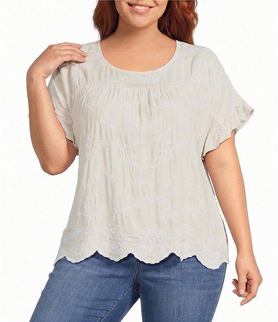 Leo & Nicole Plus Size Allover Embroidered Crew Neck Short Ruffle Scalloped Hem Top Product Image