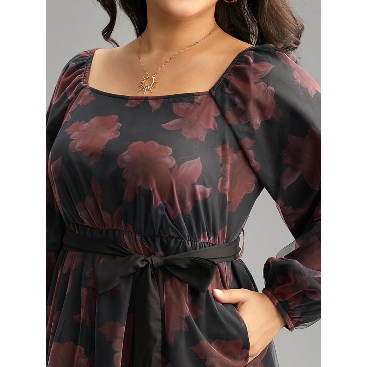 Plus Size Floral Mesh Belted Gathered Lantern Sleeve Dress BlackFlower Women Casual Elastic cuffs Square Neck Long Sleeve Curvy Midi Dress BloomChic 12/L Product Image