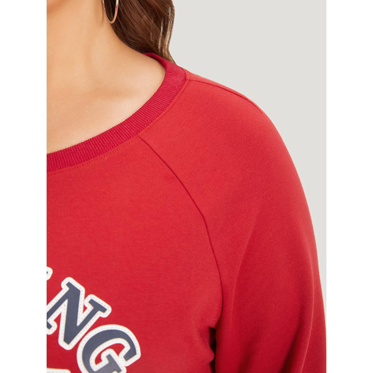 Plus Size Letter Print Round Neck Raglan Sleeve Sweatshirt Women Red Casual Elastic cuffs Everyday Sweatshirts BloomChic 10/M Product Image