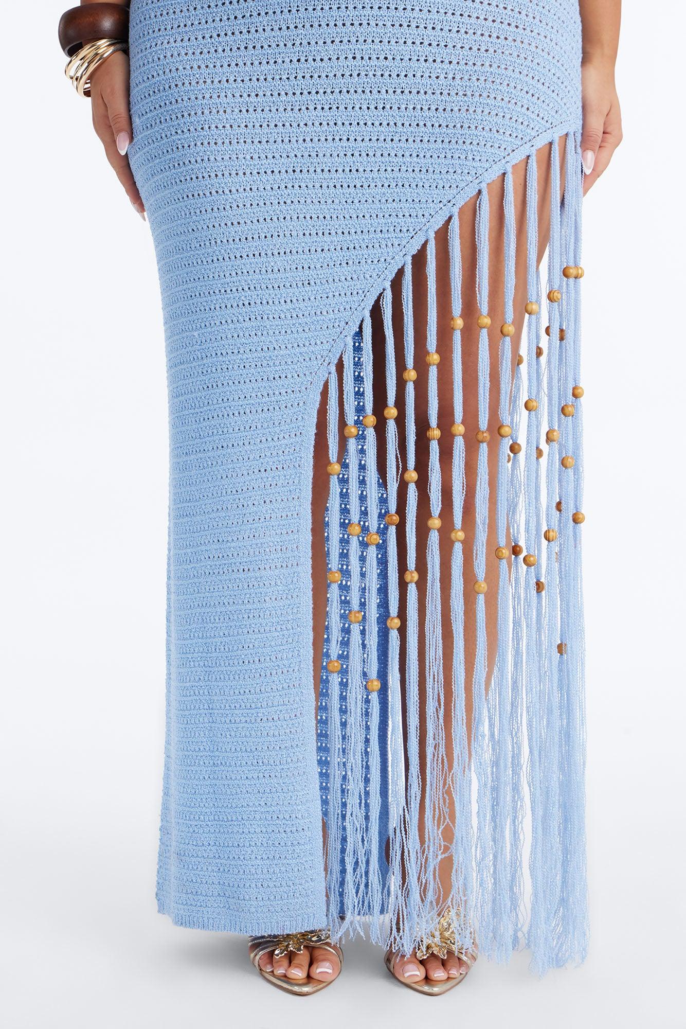 Vacation Vixen Fringe Crochet Maxi Dress - Light Blue Female Product Image