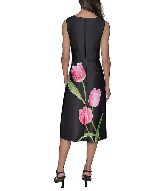 KARL LAGERFELD PARIS Scuba Tulip Print Square Neck Sleeveless Shift Midi Dress Product Image