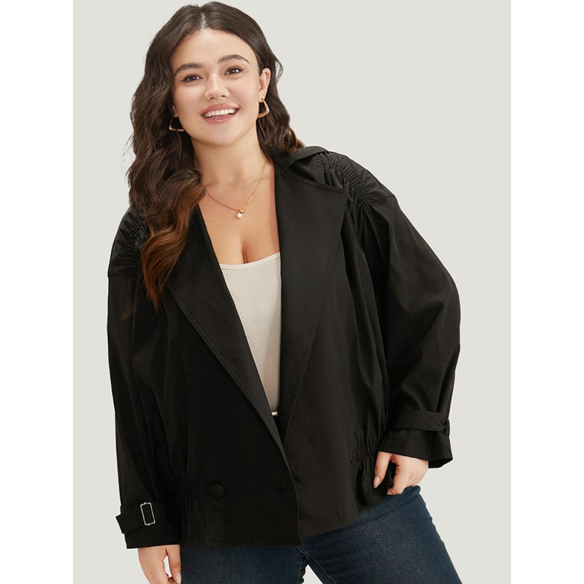 Plus Size Shirred Lapel Collar Metal Buckle Button Up Coat Women Black Casual Gathered Ladies Dailywear Winter Coats BloomChic 18-20/2X Product Image