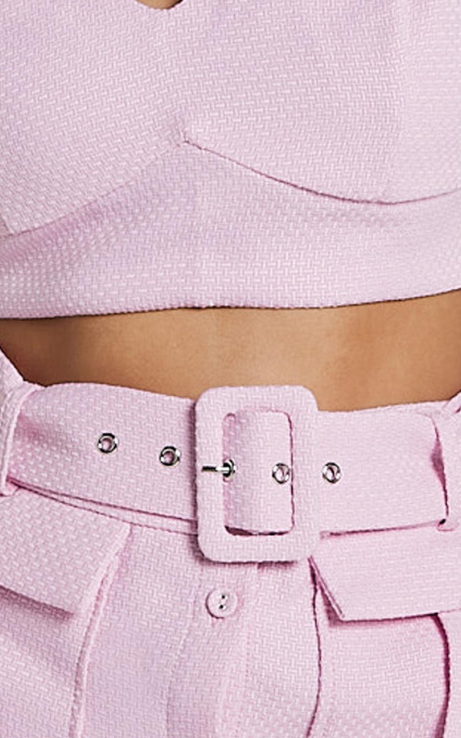 Sarah Two Piece Set - V Neck Crop Top and Belted Utility Mini Skirt in Pale Pink Product Image