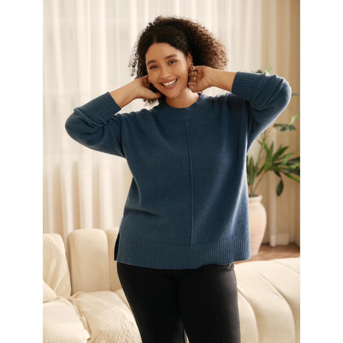 Plus Size Supersoft Essentials Split Wool Pullover Indigo Women Casual Loose Long Sleeve Round Neck Everyday Pullovers BloomChic 26/4X Product Image