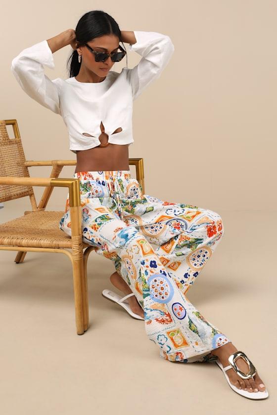 Eydis Ivory Multi Print Wide-Leg Drawstring Pants Product Image
