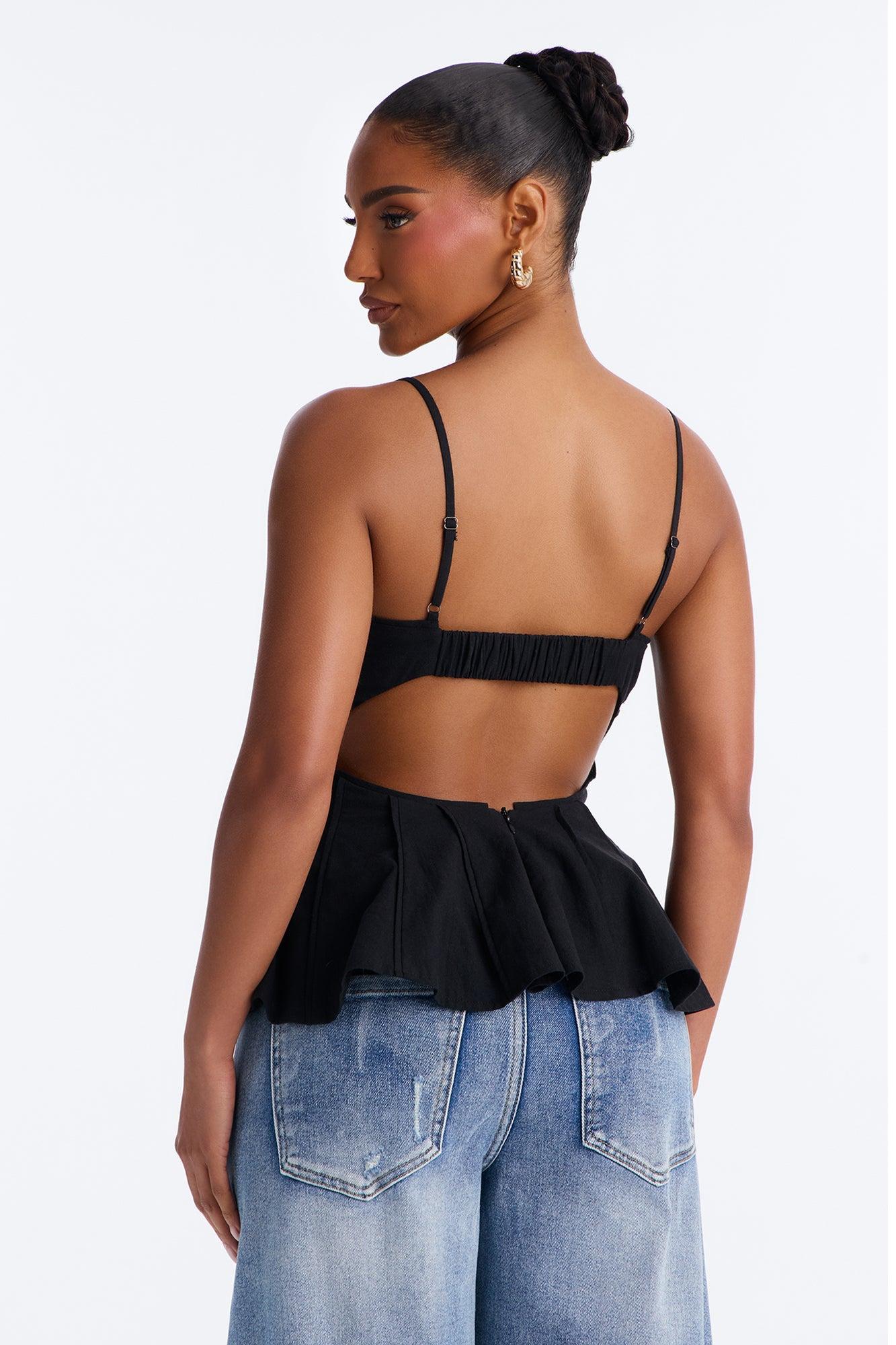 Pretty Please Peplum Linen Babydoll Top - Black Female Product Image