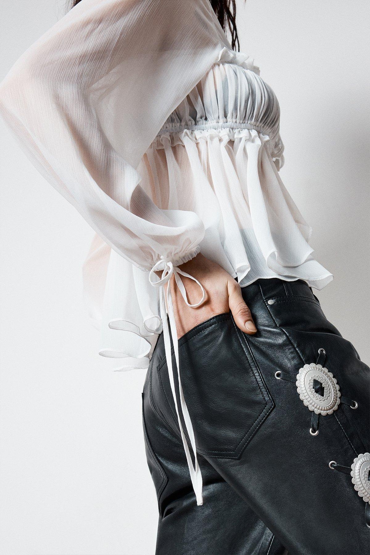 Chiffon Ruched Tie Front Balloon Sleeve Top Product Image