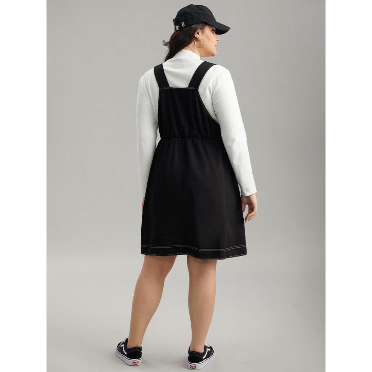 Plus Size Twill O Ring Zipper Pocket Spaghetti Strap Dress Black Women Casual Plain Spaghetti Strap Sleeveless Curvy Midi Dress BloomChic 10/M Product Image