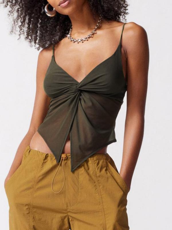 Solid V Neck Mesh Cami Top Product Image