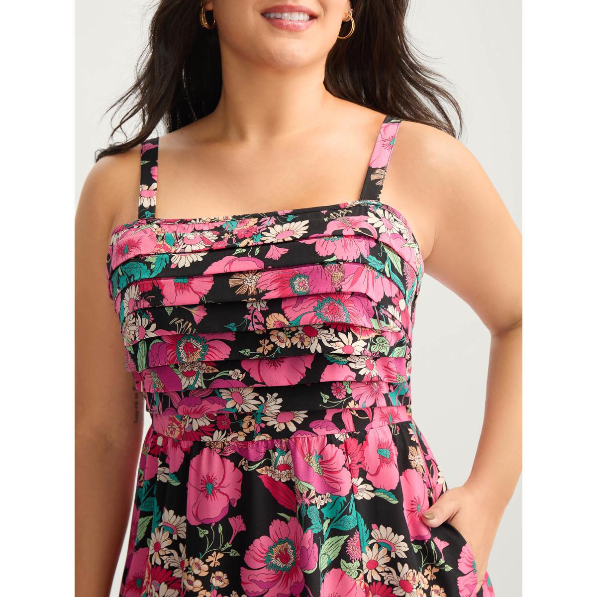 Plus Size Pleated Side Pockets Floral Midi Dress Black Women Tucked seam Non Sleeveless Curvy BloomChic 28/5X Product Image