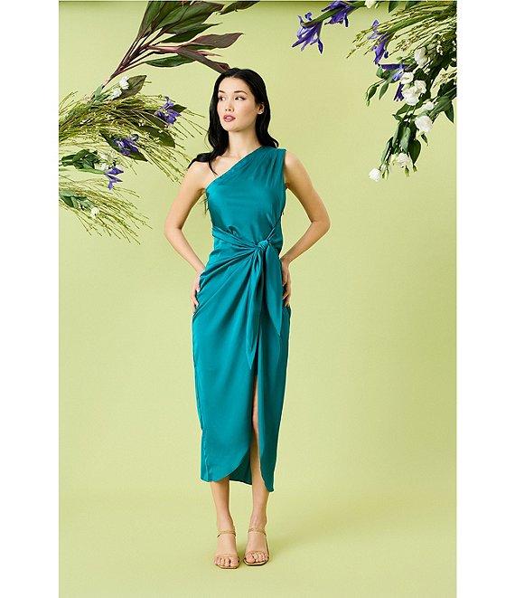 Donna Morgan One Shoulder Tie Waist Draped Skirt Midi Dress Product Image