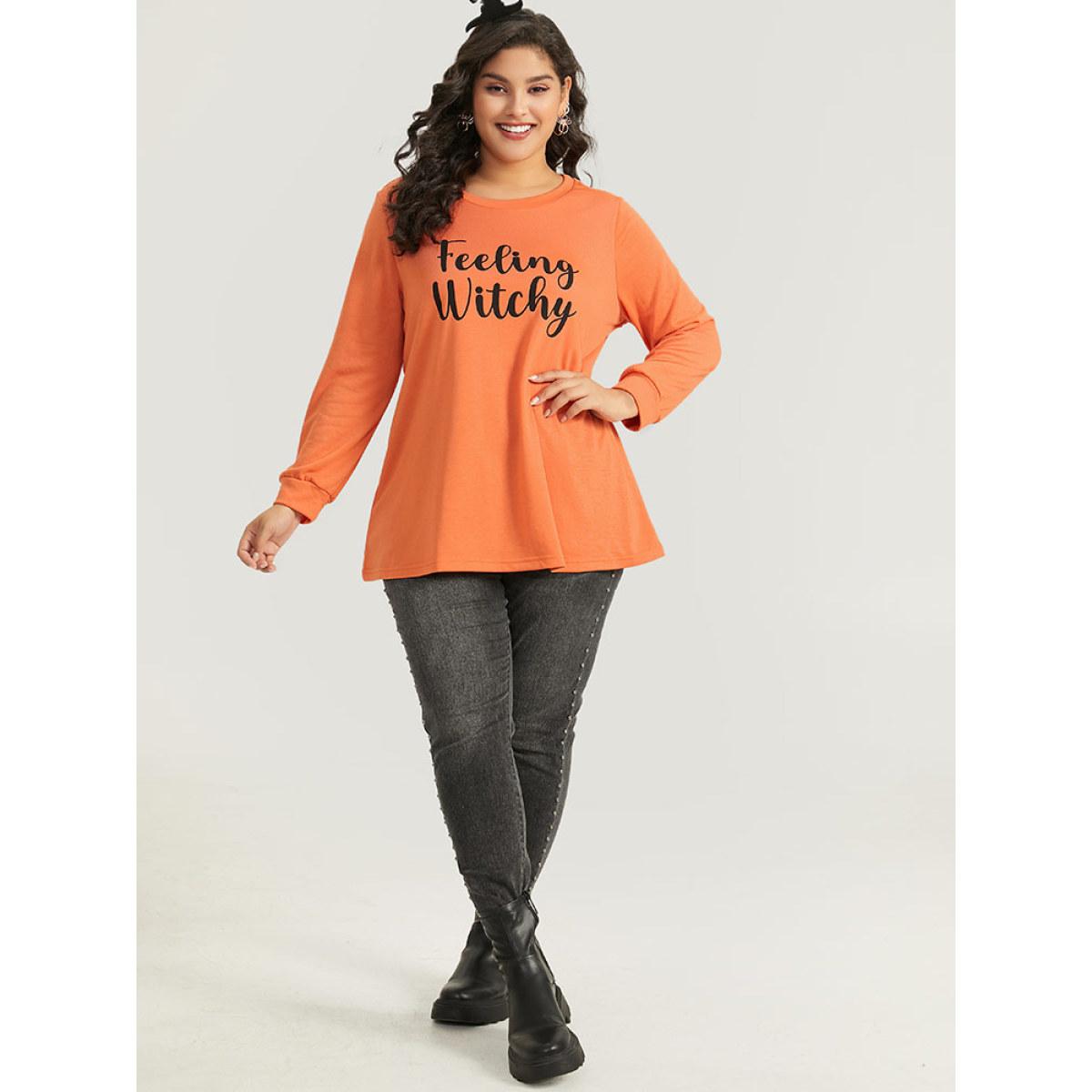 Plus Size Halloween Letter Print Round Neck Sweatshirt Women OrangeRed Casual Elastic cuffs Festival-Halloween Sweatshirts BloomChic 10/M Product Image