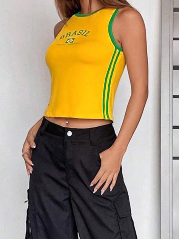 Crewneck Letter Print Yellow Tank Top Product Image