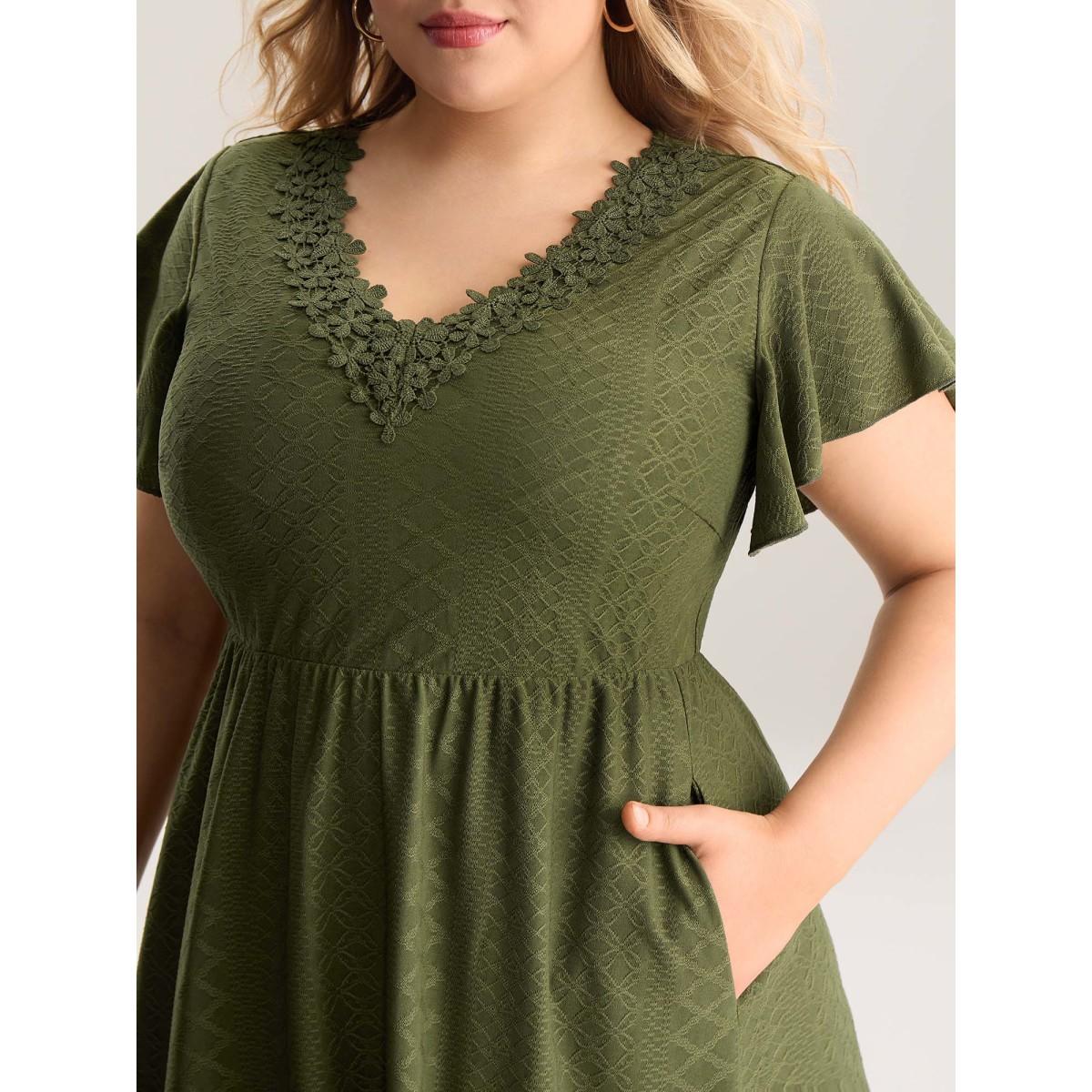 Plus Size Textured Lace V-Neck Knit Midi Dress ArmyGreen Women V-neck Short sleeve Curvy BloomChic 18-20/2X Product Image