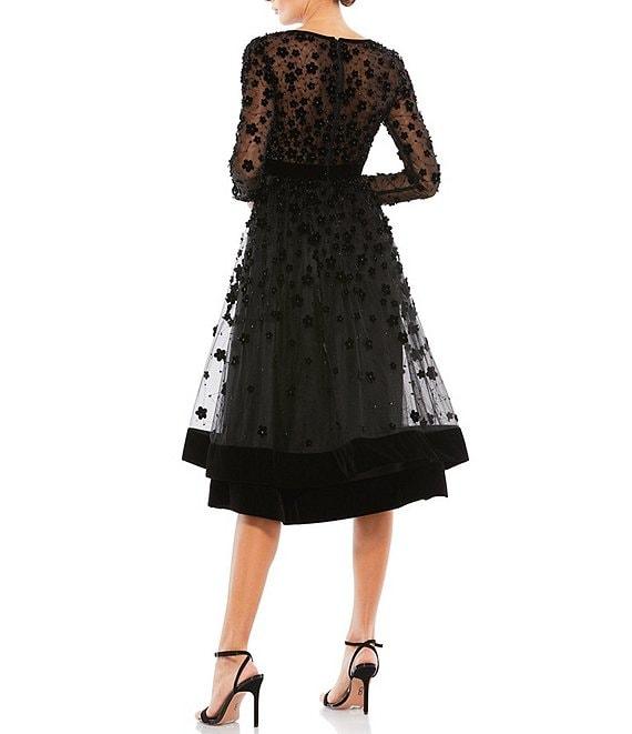 Mac Duggal Illusion Round Neck Long Sleeve Velvet Trim Floral Fit & Flare Midi Dress Product Image