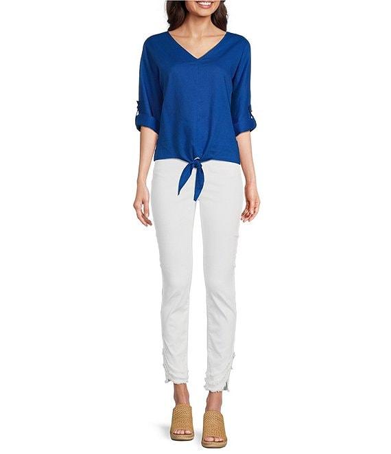 Charlie B. Linen Blend V-Neck 3/4 Sleeve Tie Front Top Product Image