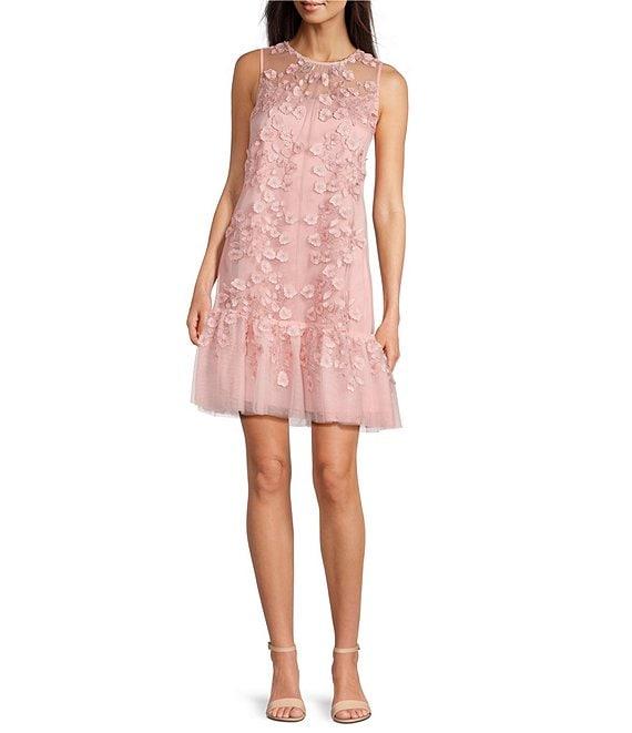 Alex Marie Elise Embroidered Mesh Floral Applique Sleeveless Dress Product Image