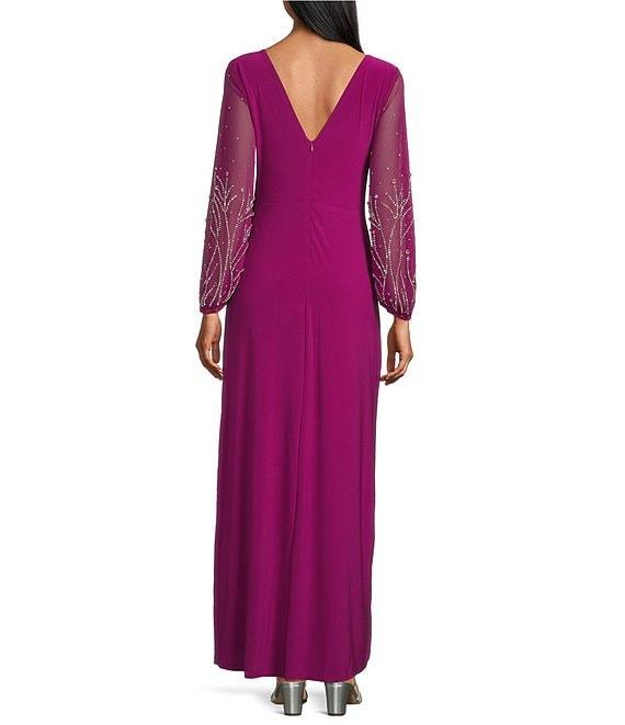 Marina Beaded Long Sleeve Crew Neck Ruched Front Gown Product Image