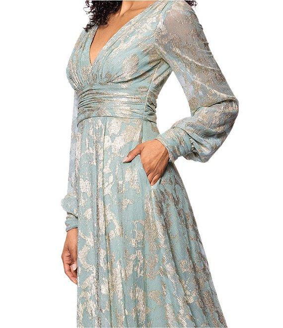 Betsy & Adam Metallic Knit Foiled Print V Neck Long Sleeve A-Line Gown Product Image