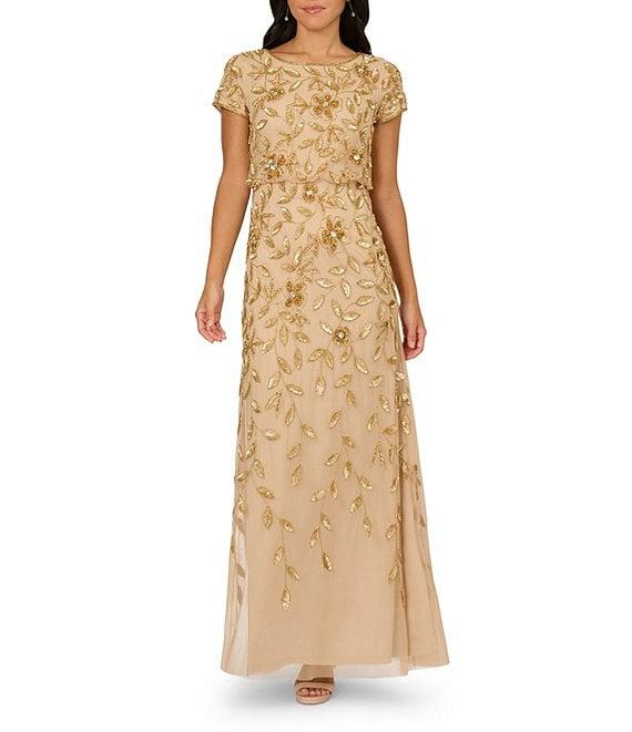 Adrianna Papell Beaded Mesh Crew Neck Short Sleeve Blouson Long Dress Product Image
