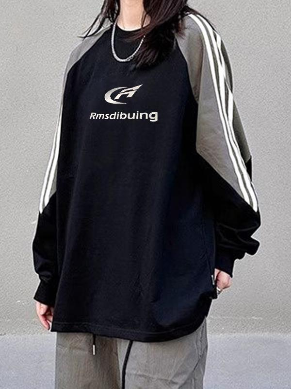 Vintage Print Piping Raglan Crew Neck Sweatshirt Product Image