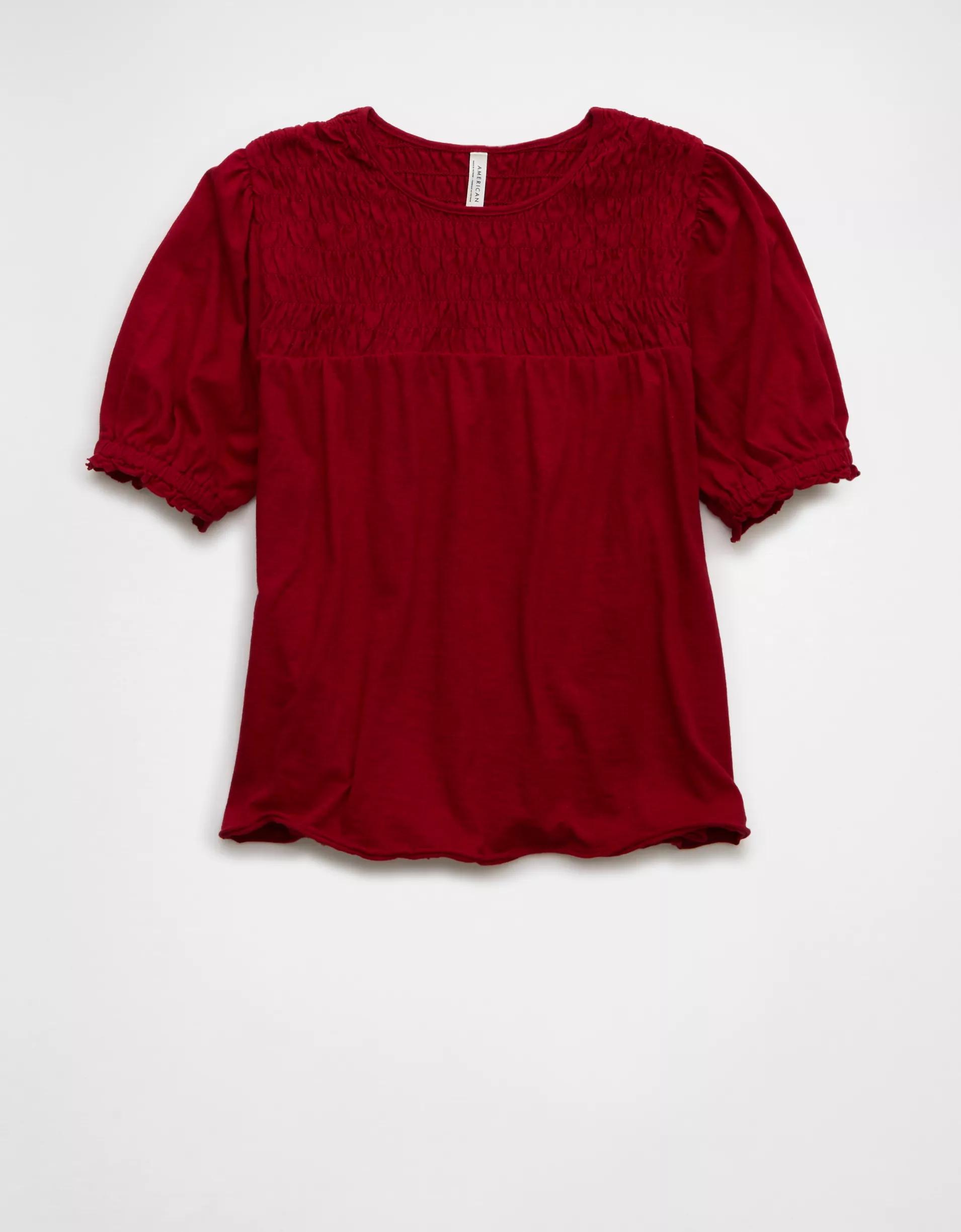AE Sunchaser High Neck Puff Sleeve Smocked T-Shirt Product Image