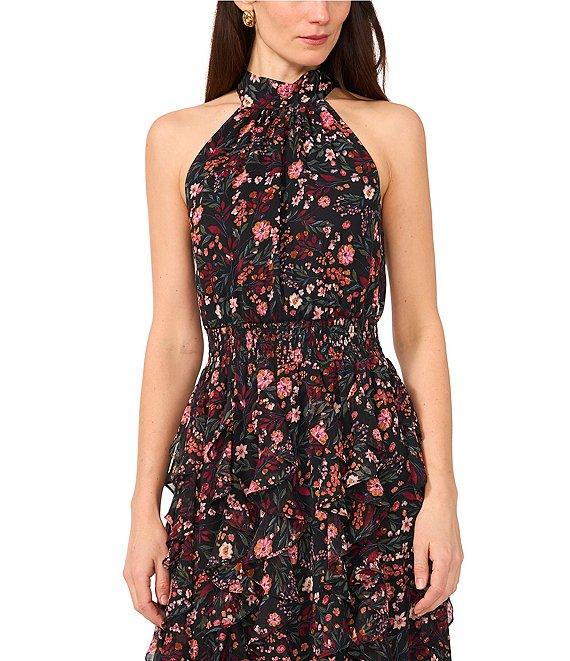 1. STATE Floral Print Halter Neck Sleeveless Tiered Ruffle Maxi A-Line Maxi Dress Product Image