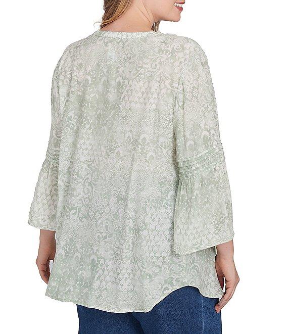 Ruby Rd. Plus Size Soft Silky Slub Patchwork Band V-Neck 3/4 Bell Sleeve Pleated Flowy Blouse Product Image