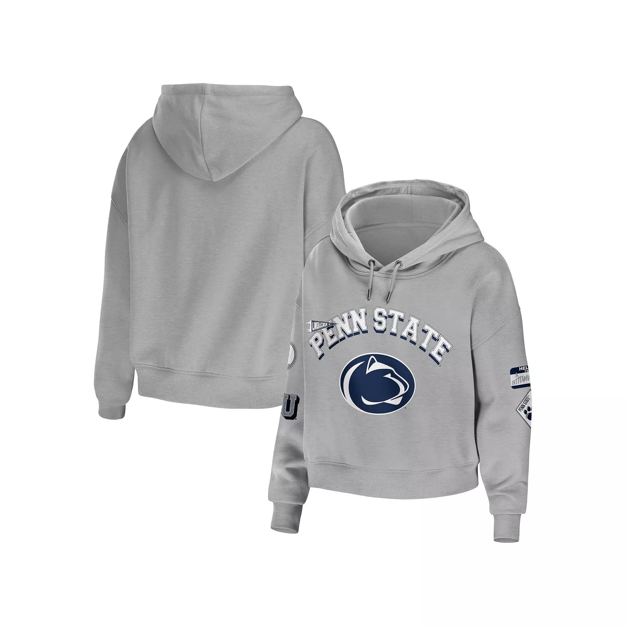 Women's WEAR by Erin Andrews Gray Penn State Nittany Lions Mixed Media Cropped Pullover Hoodie, Size: 2XL, Grey Product Image