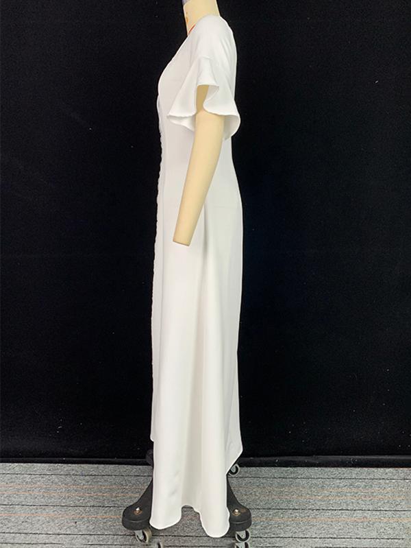 A-Line Flared Sleeves Shiny Solid Color Split-Joint Square-Neck Maxi Dresses Product Image