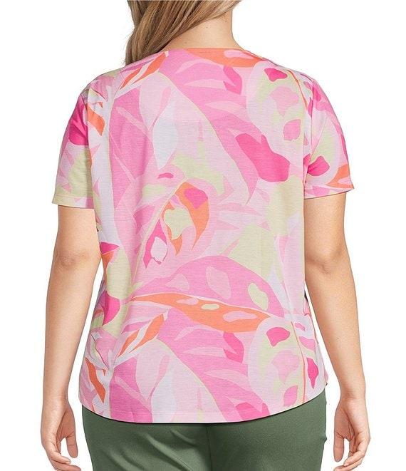 Allison Daley Plus Size Palm Tropical Layers Print Short Sleeve Crew Neck Knit Top Product Image