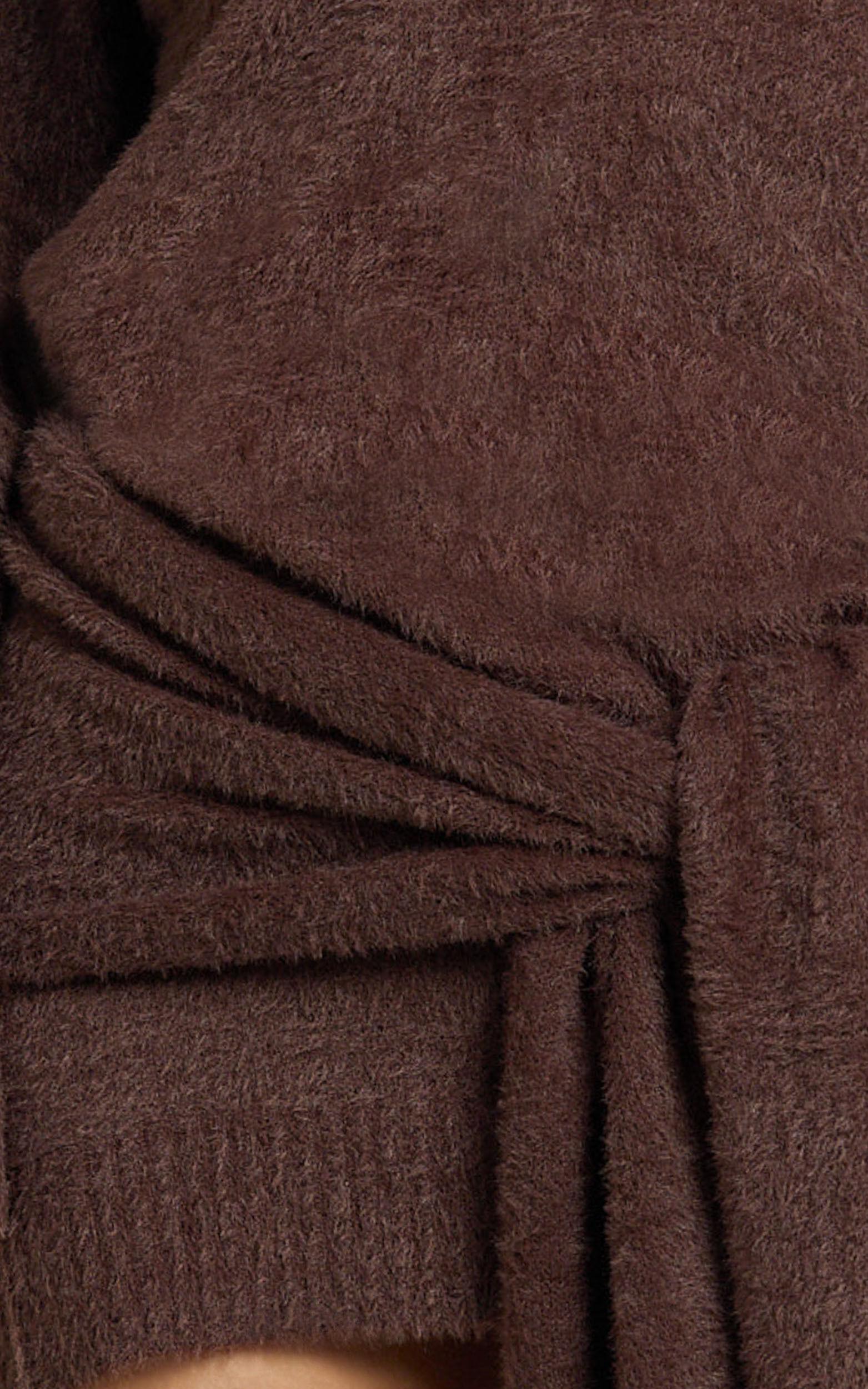Tisdale Mini Dress - Wrap Skirt Fluffy Knit Jumper Dress in Chocolate Product Image