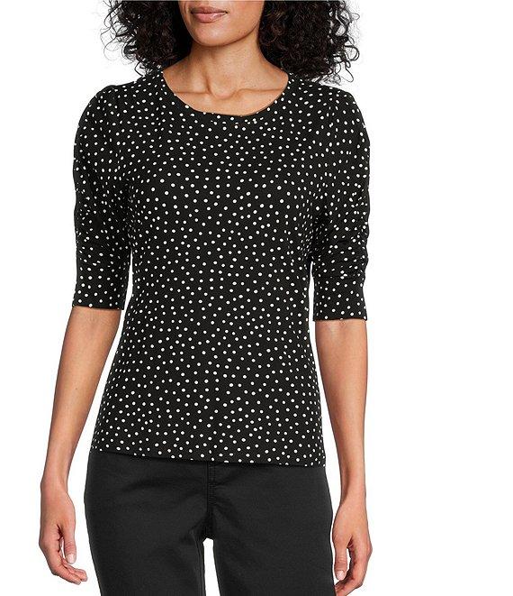 Intro Size Knit Jersey Mini Polka Dot Crew Neck Elbow Puff Sleeve Top Product Image