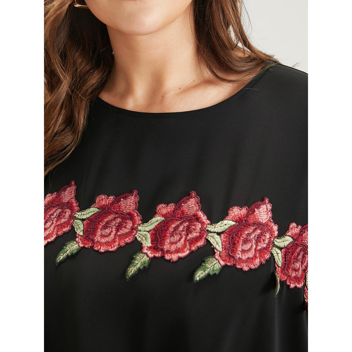 Plus Size Black Plain Ruffles Asymmetrical Hem Dolman Sleeve Embroidered Blouse Women Casual Half Sleeve Round Neck Dailywear Blouses BloomChic 10/M Product Image