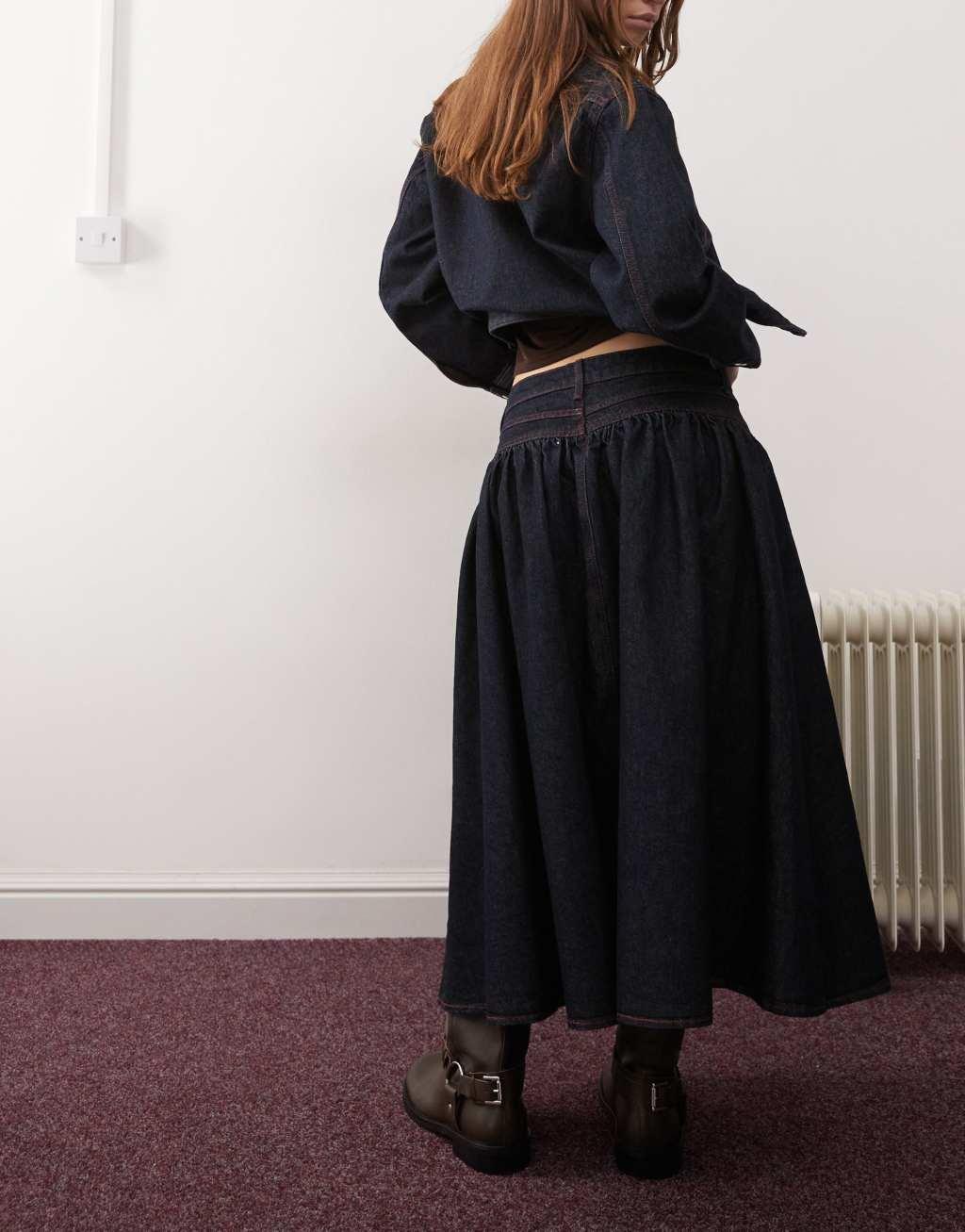 COLLUSION denim drop waist midi skirt in rinse wash - part of a set Product Image