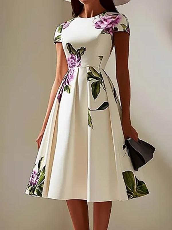A-Line High Waisted Flower Print Pleated Round-Neck Midi Dresses Product Image