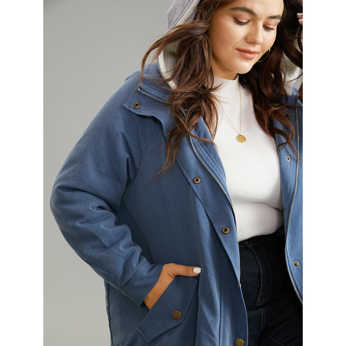 Plus Size Denim Hooded Drawstring Fuzzy Patchwork Jacket Women Blue Lined Pocket Dailywear Jackets BloomChic 10/M Product Image