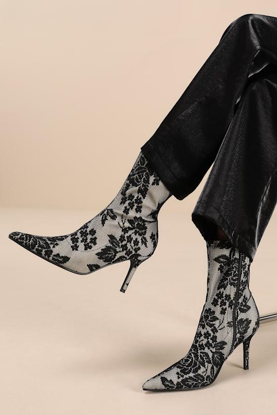 Marquetta Black Lace Pointed-Toe Ankle Booties Product Image