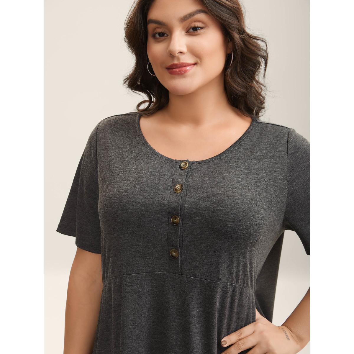 Plus Size Button Detail Ruffled Hem Babydoll T-Shirt DimGray Women Gathered Round Neck Everyday-Casual T-shirts BloomChic 28/5X Product Image