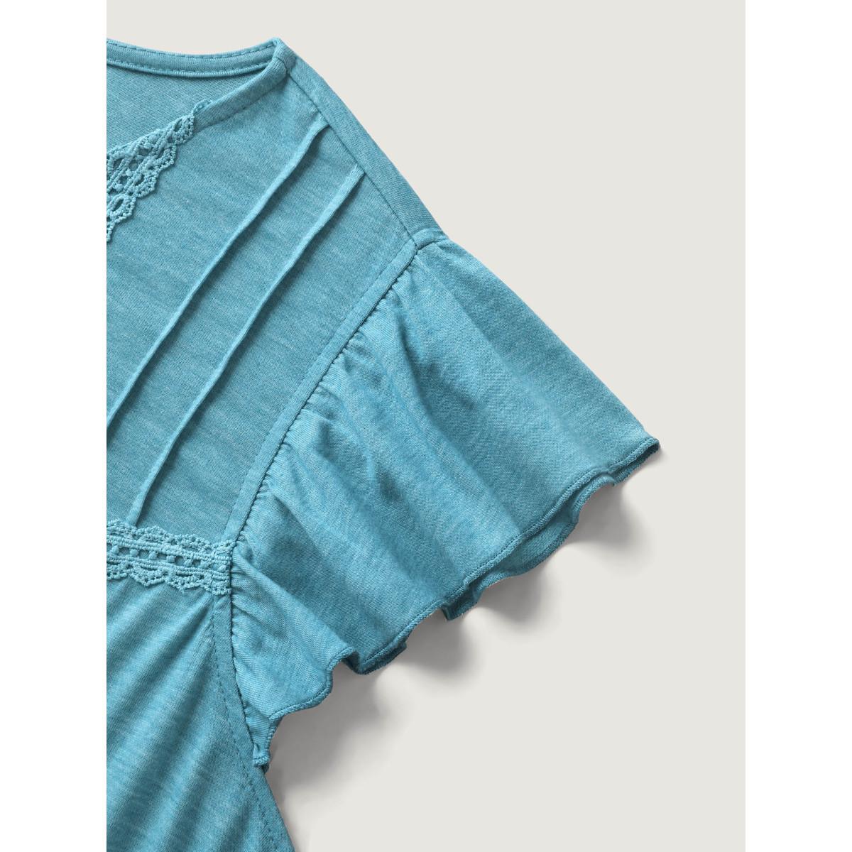 Plus Size Lace Toothpick Pleat Solid Top Turquoise Women Tucked seam Round Neck Everyday-Casual T-shirts BloomChic 10/M Product Image
