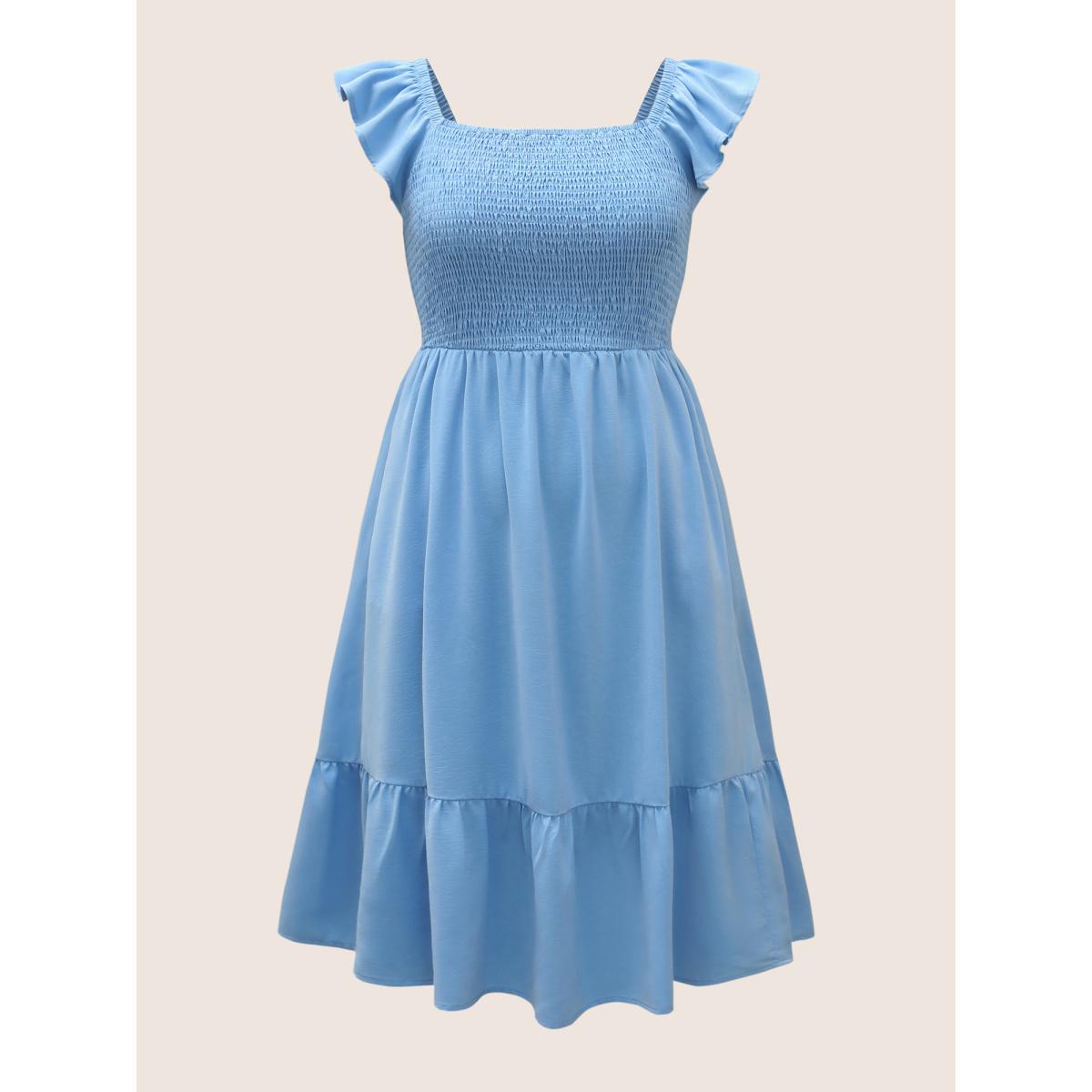 Plus Size Square Neck Solid Ruffles Shirred Dress LightBlue Women Elegant Shirred Square Neck Cap Sleeve Curvy BloomChic 18-20/2X Product Image