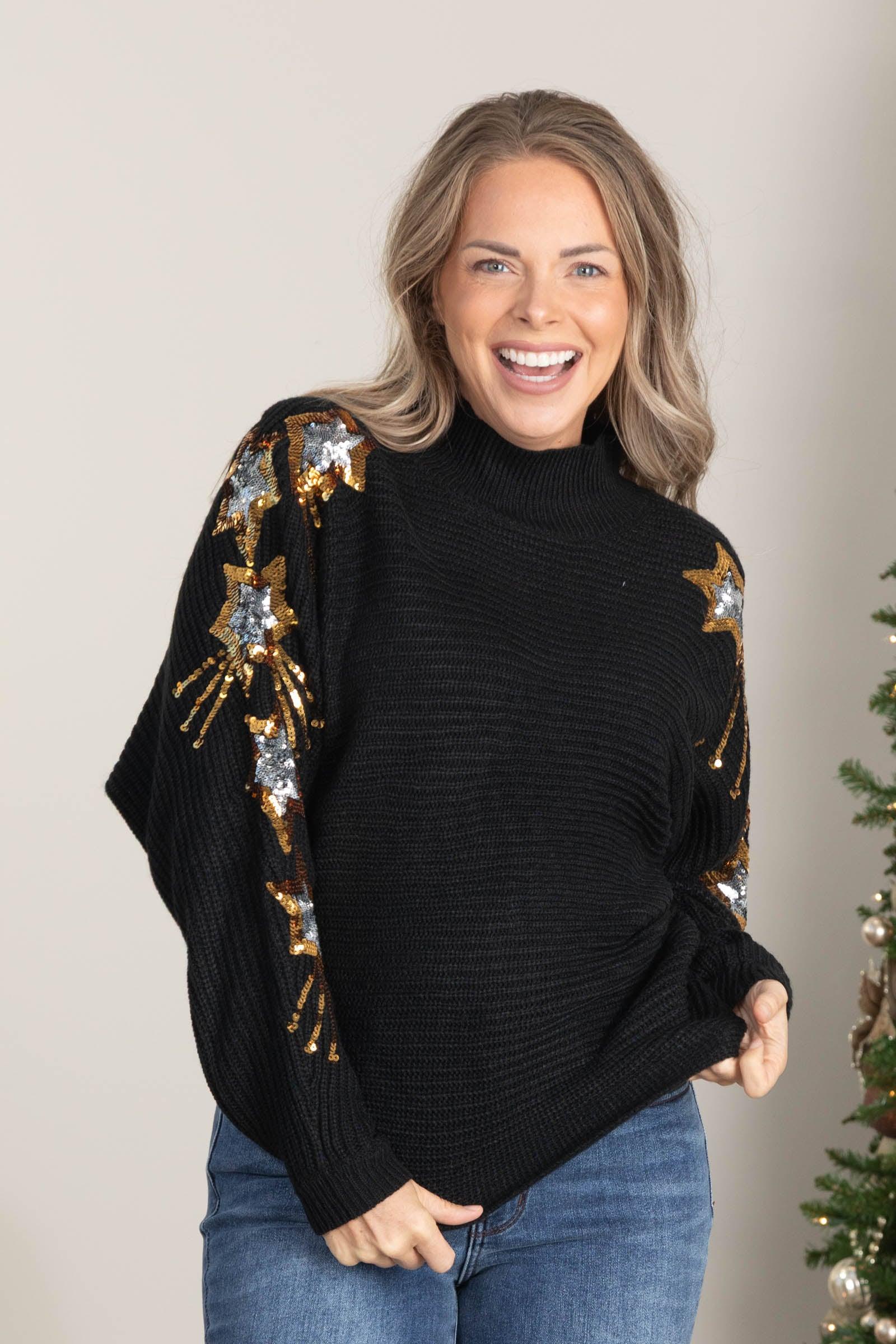 Sequins Embroidered Stars Mock Neck Sweater Product Image