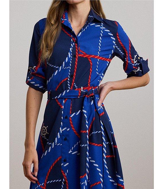 Lauren Ralph Lauren Crepe De Chine Rope Print Point Collar Long Sleeve Button Front Fit-And-Flare Shirtdress Product Image