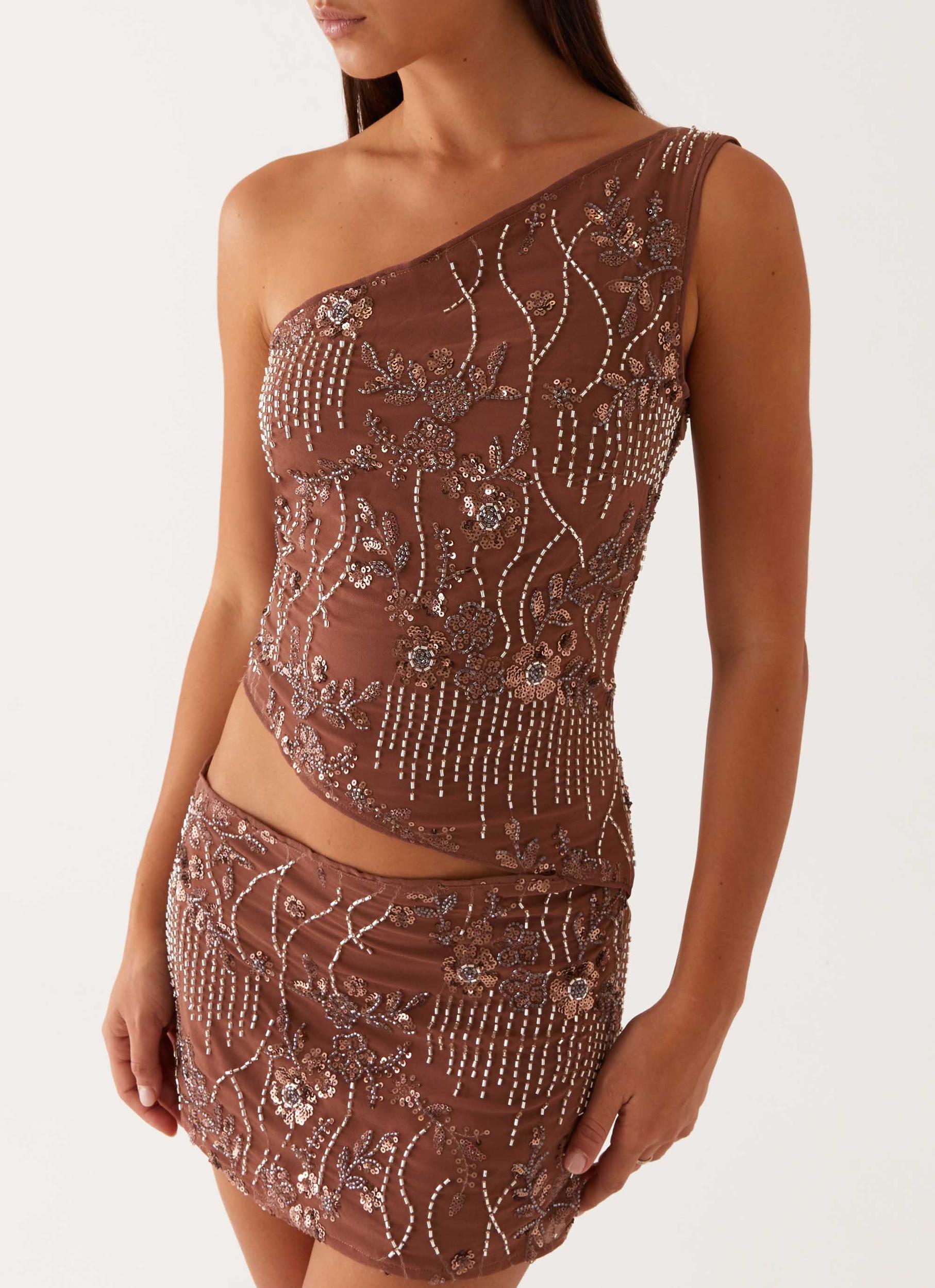 Through The Night One Shoulder Mini Dress - Chocolate Product Image