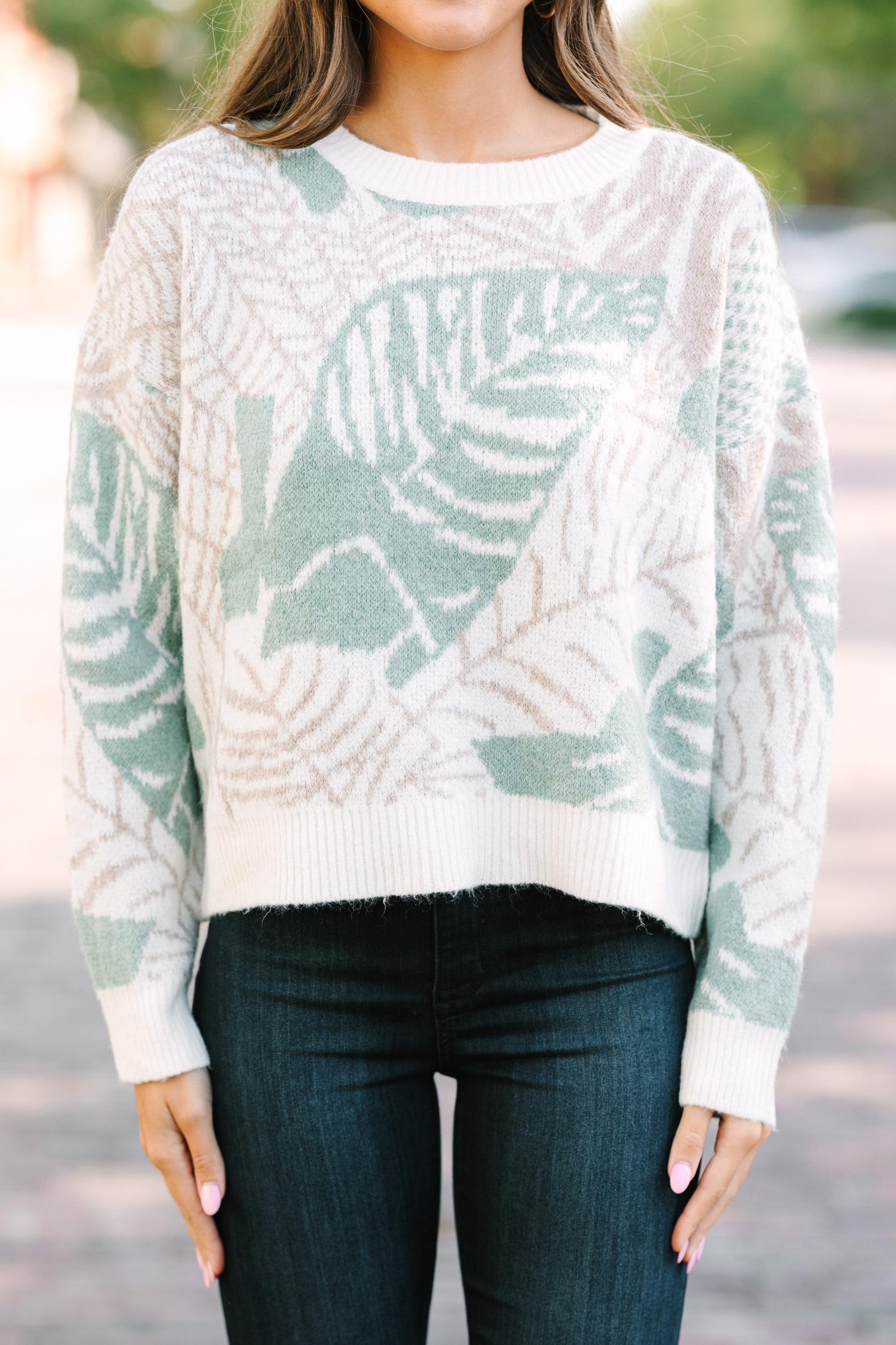 All In Love Sage Green Leaf Print Sweater Female Product Image