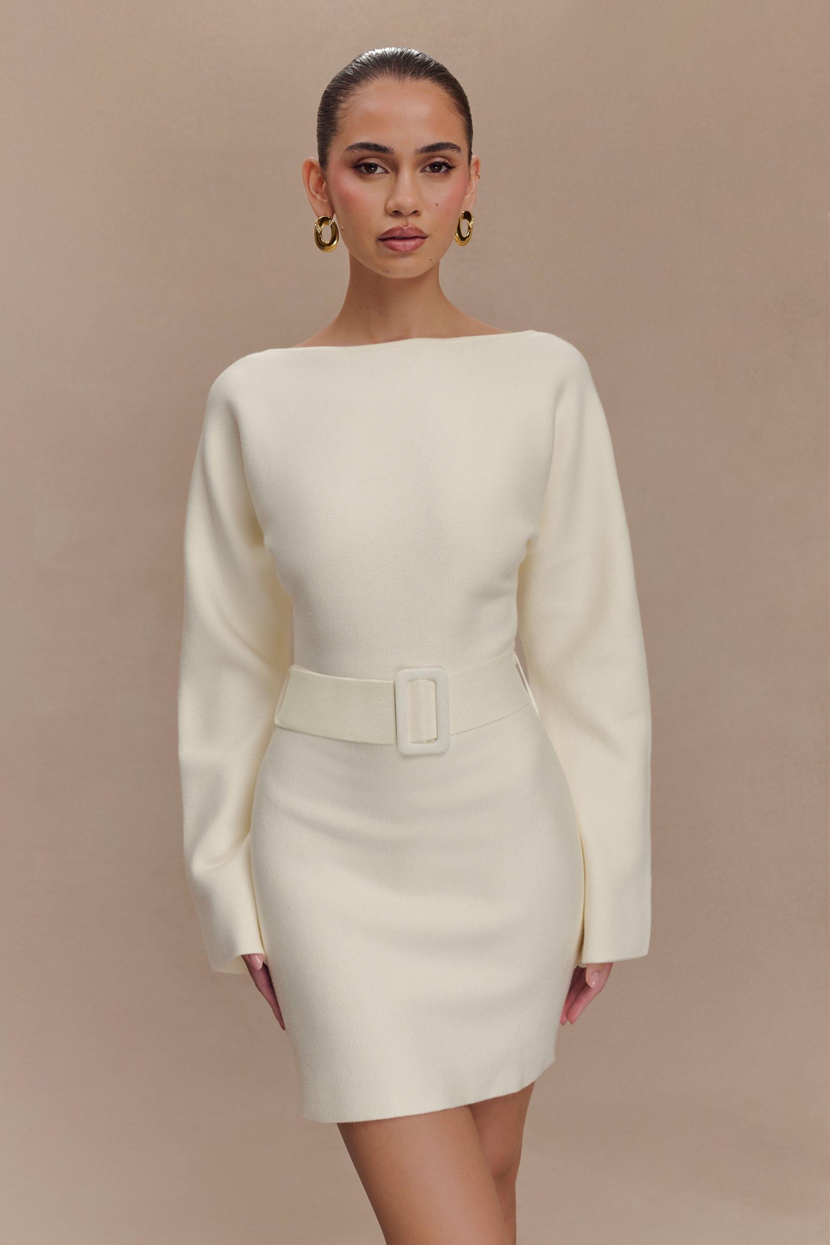 Kassie Belt Tie Knit Mini Dress - Ivory Product Image